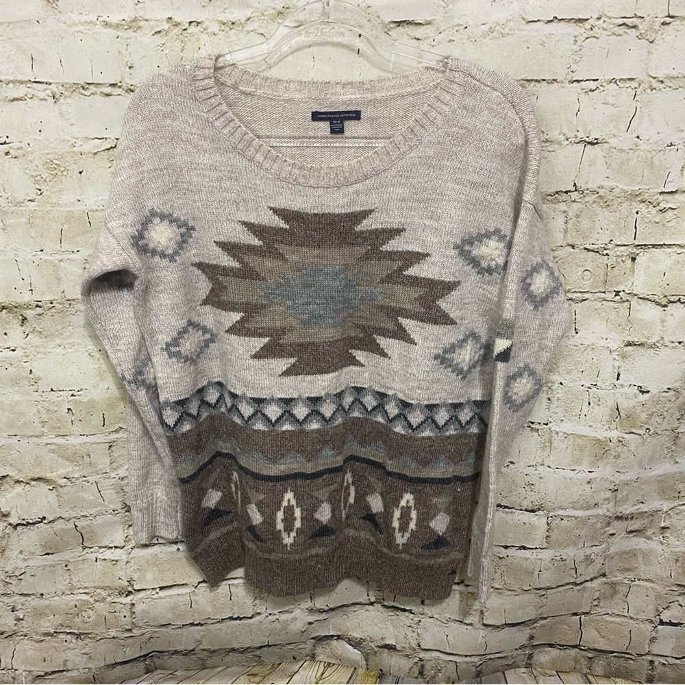 American Eagle Beige Brown Tribal Printed Wool Blend Sweater